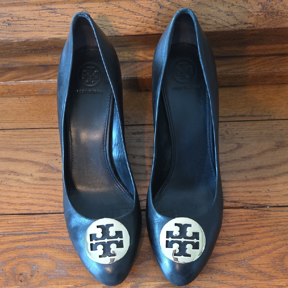 Tory Burch Black Wedges with Gold Logo